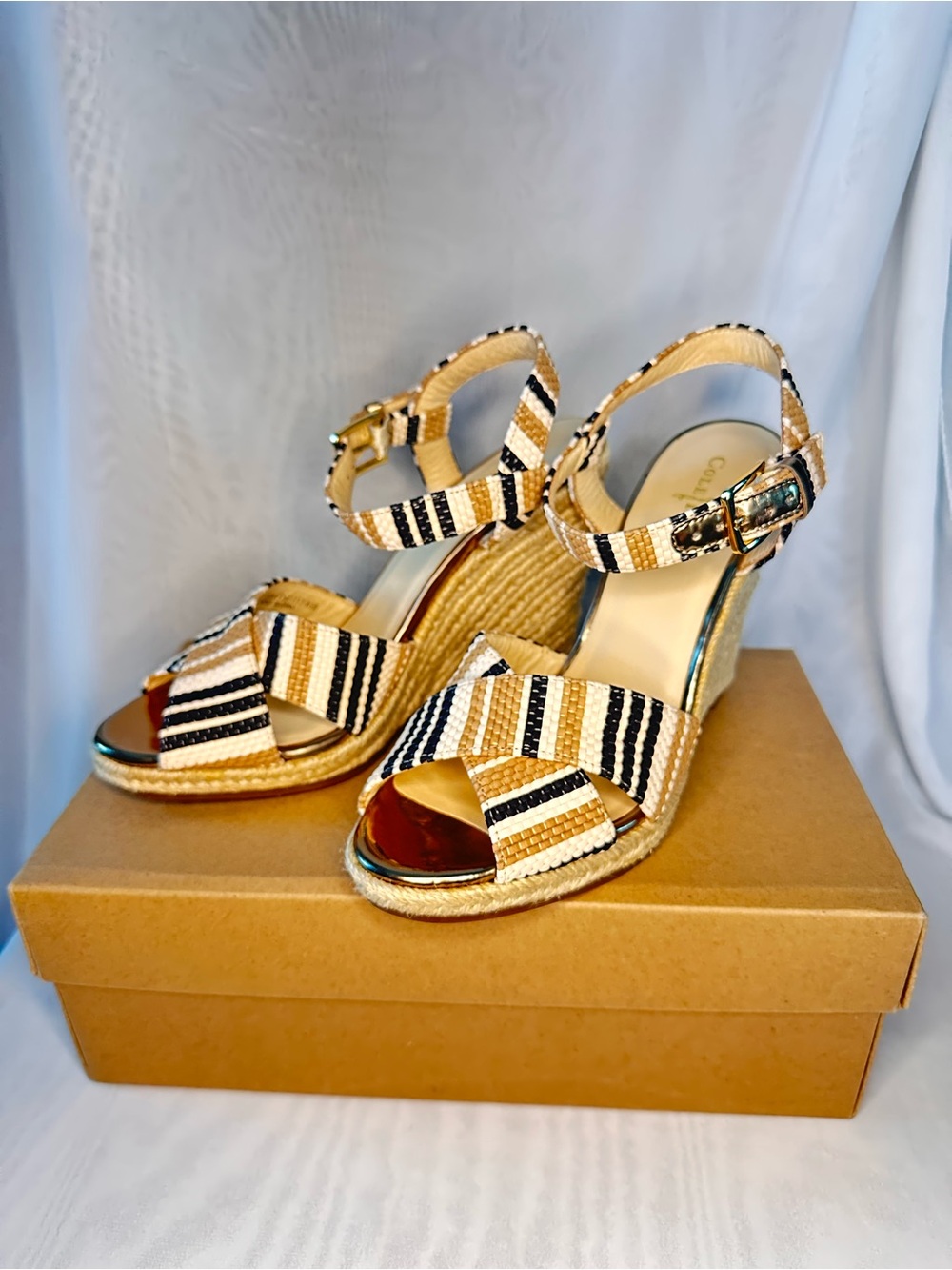 Cole Haan Beige, Black & White Striped Woven Ankle-Strap Sandals - Picture 2 of 11